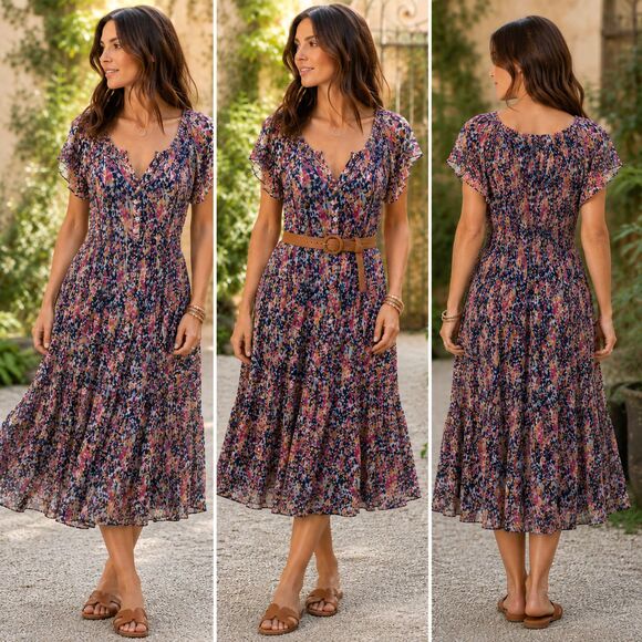 Sundance Dresses & Skirts - Sundance Clarisse Floral Dress Small Midi Tiered Smocked Waist Cottagecore Boho